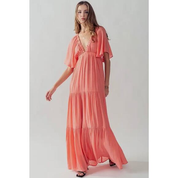 Deep V Neck Tiered Maxi Dress-Coral - Picture 4 of 4